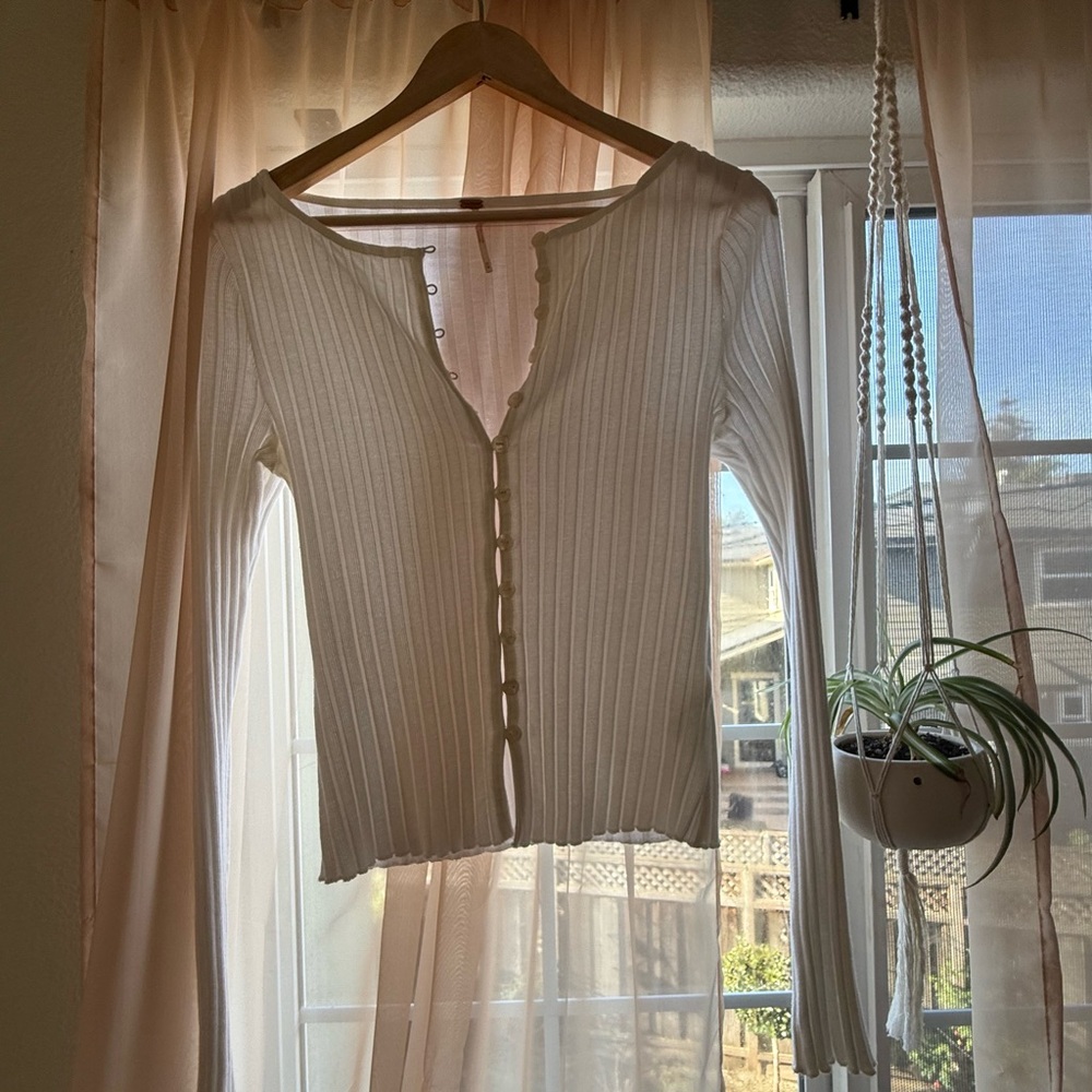 White Ribbed Button-Up Cardigan